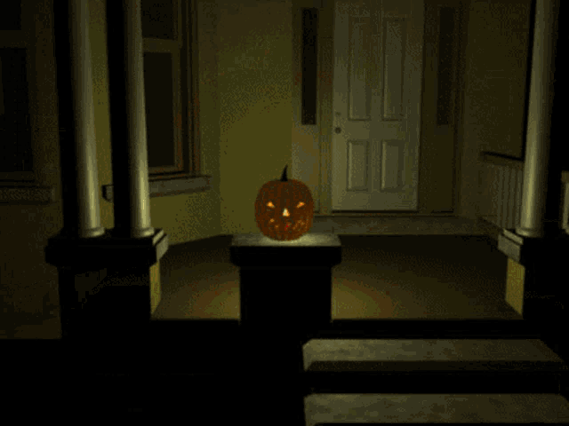a pumpkin with a face carved into it is on display