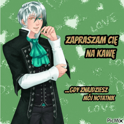 a picture of a man with the words zapraszam cie na kawe on the bottom