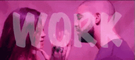 a man and a woman are kissing in front of a pink background with the word work .