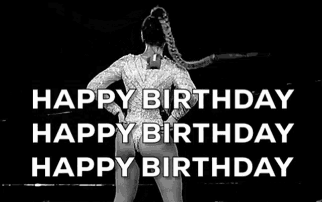 a black and white photo of a woman with the words happy birthday happy birthday happy birthday