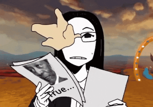 a cartoon of a woman holding a newspaper with the word true on it