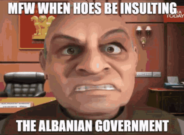 a cartoon of a bald man with the words mfw when hoes be insulting the albanian government on the bottom