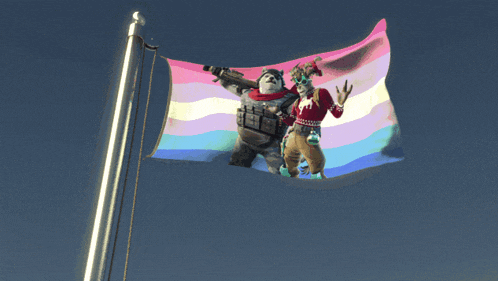 two cartoon characters are flying in the air with a rainbow flag