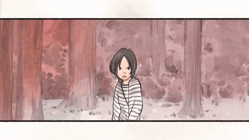 a cartoon drawing of a girl in a striped shirt standing in a forest