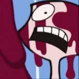 a close up of a cartoon character with blood dripping from his mouth