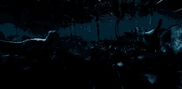 a t-rex is running through a dark forest