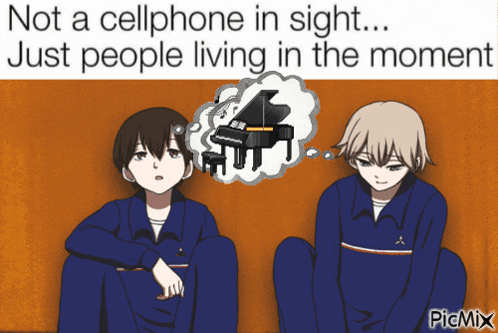 a cartoon of two people sitting next to each other with the caption not a cellphone in sight ... just people living in the moment