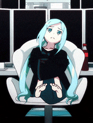 a girl with long blue hair is sitting in a chair with her feet crossed