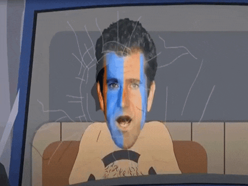 a cartoon of a man with blue paint on his face and the words give me back behind him