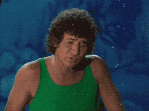 a man in a green tank top stands next to a mermaid piggy