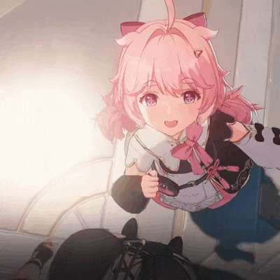 a cartoon girl with pink hair and a bow on her head