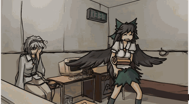 a cartoon drawing of a girl with wings and a clock that says 12:37