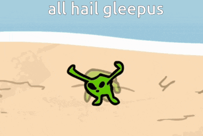 a cartoon drawing of a green alien on the beach with the words all hail gleepus below it