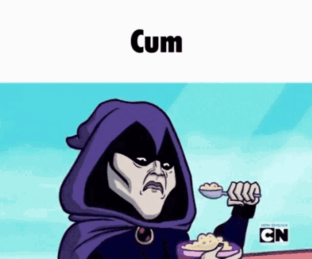 raven from teen titans go is eating cereal with a spoon in his hand .