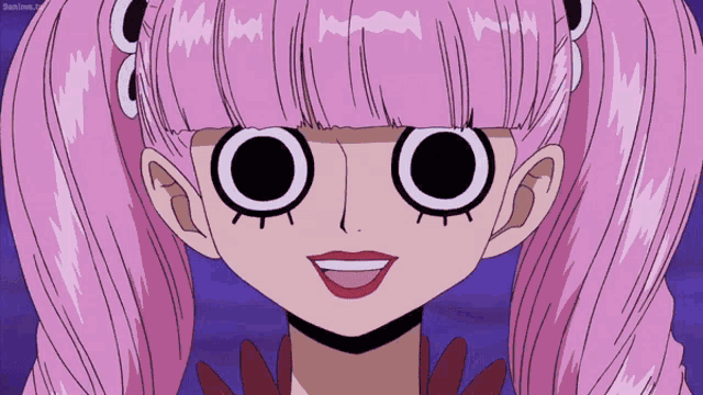 a close up of a cartoon girl with pink hair