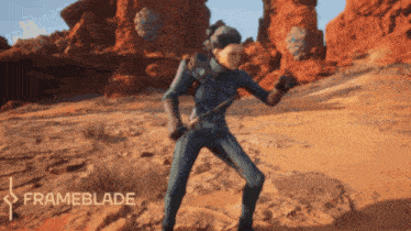 a video game advertisement for frameblade shows a man in a suit holding a sword