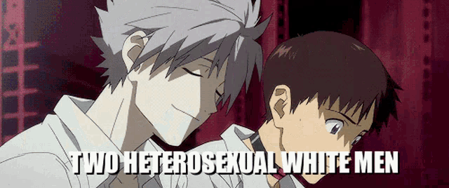 two heterosexual white men are standing next to each other and smiling