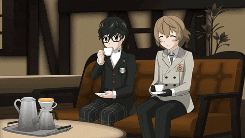 a couple of anime characters sitting on a couch holding cups of coffee