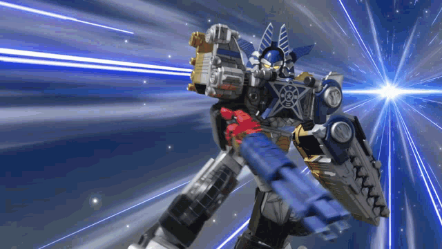 a robot with wings and a shield is flying through the air with a blue light behind it
