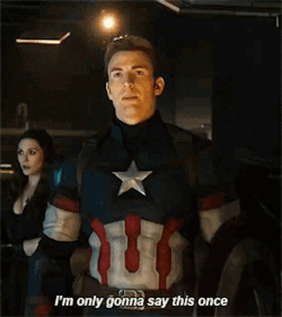 captain america is standing in a dark room and says i 'm only gonna say this once