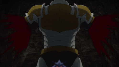 a cartoon character with red eyes stands in front of a statue