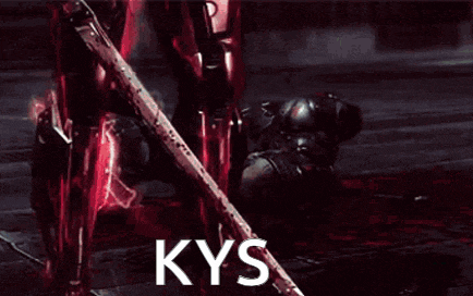 a person in a red suit is holding a sword and the word kys is written on the screen .