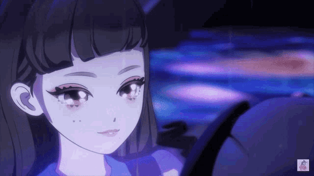 a cartoon of a girl with a blue shirt and a purple background