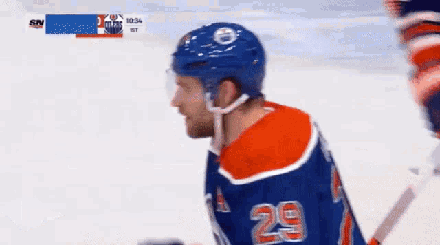 a hockey player with the number 29 on his jersey is standing on the ice