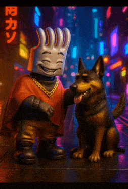 a cartoon character standing next to a dog with a sign in the background that says ' a ' on it