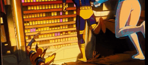 a cartoon of a man and woman standing next to each other in front of a building .