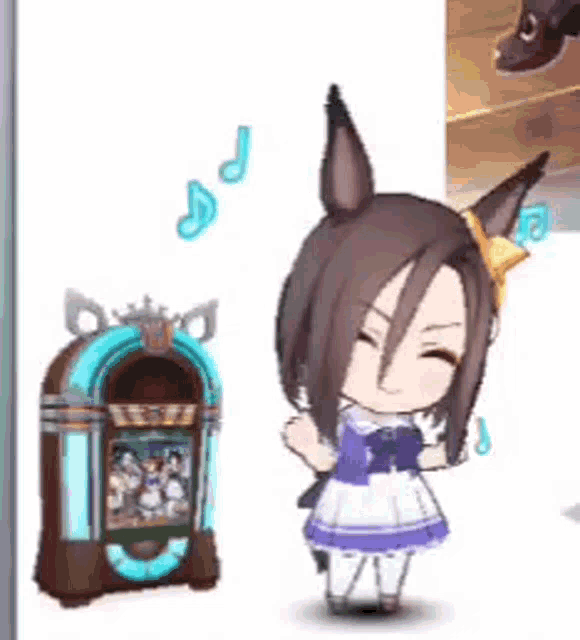 a cartoon character is standing next to a jukebox and a dog .