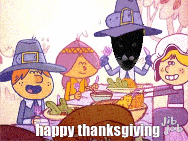 a cartoon of a group of people sitting around a table with the words happy thanksgiving written on the bottom