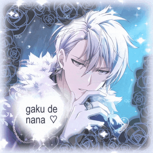 a picture of a white haired anime character with the words gaku de nana on the bottom