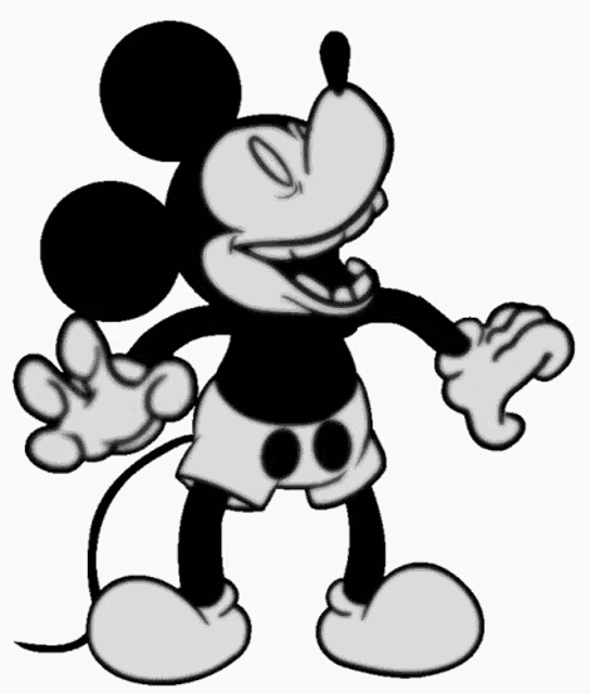 a black and white drawing of mickey mouse standing on a white background with his mouth open .