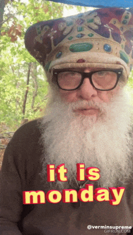 a man with a beard wearing glasses and a crown says it is monday
