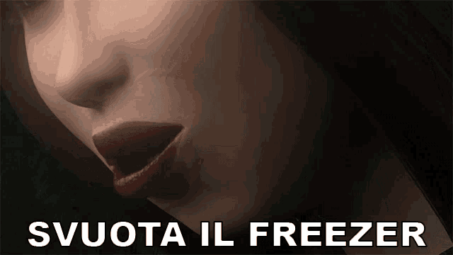 a close up of a woman 's face with the words " svuota il freezer " below her