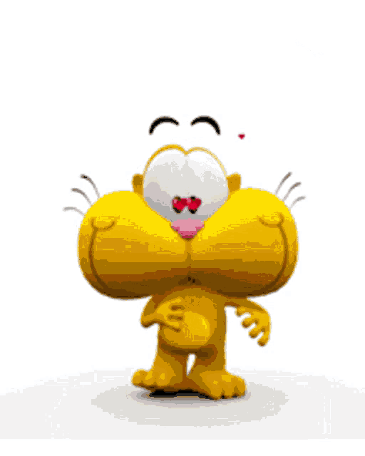 a yellow cartoon character with two red hearts above its head