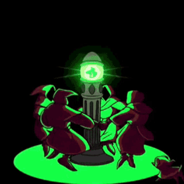 a group of people are dancing around a light with a green cross on it .