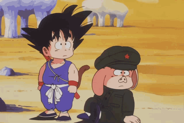a cartoon character with a red star on his hat stands next to another character