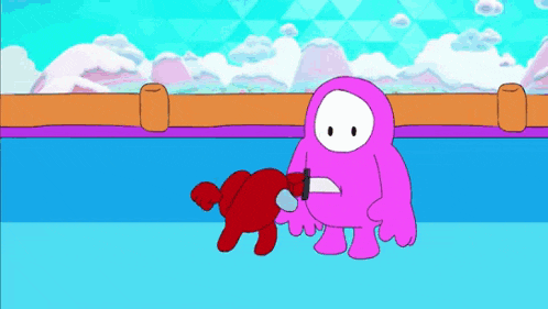 a cartoon of a pink monster holding a knife next to another monster .