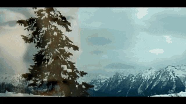 a snowy landscape with mountains and trees in the foreground