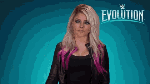 a woman is standing in front of a blue background that says evolution