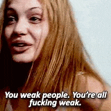 a woman with long blonde hair is talking about weak people .