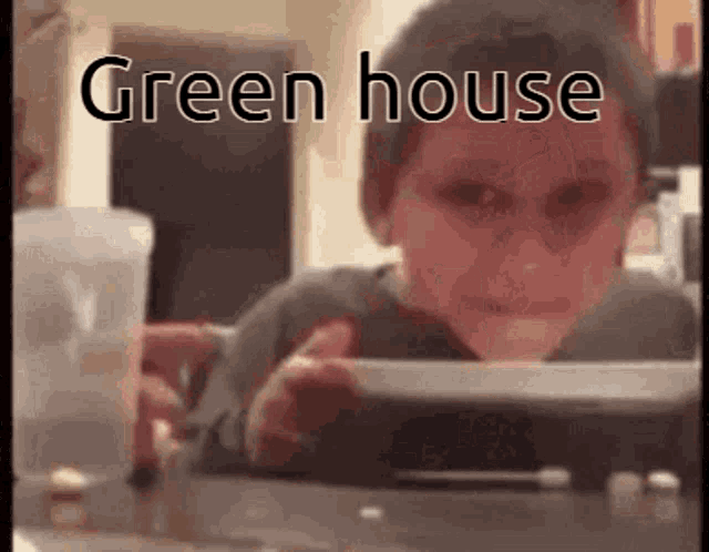 a young boy is sitting at a table with a bowl of food in front of him and the words `` green house '' written on it .