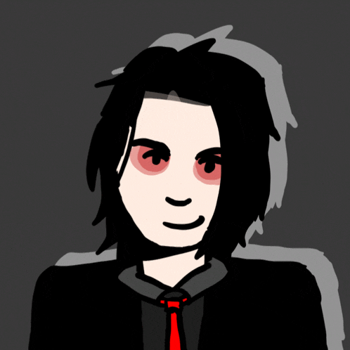 a black and white drawing of a man with red eyes and a red tie