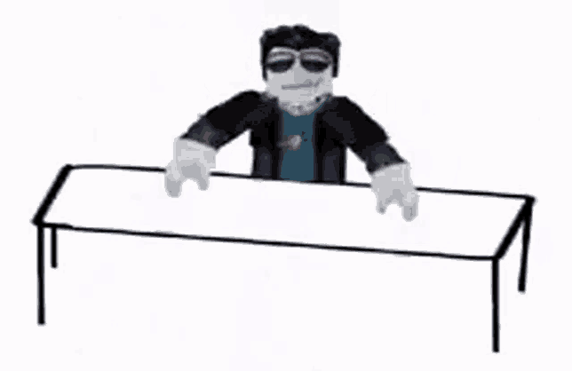 a cartoon character is sitting at a table with his hands in the air .