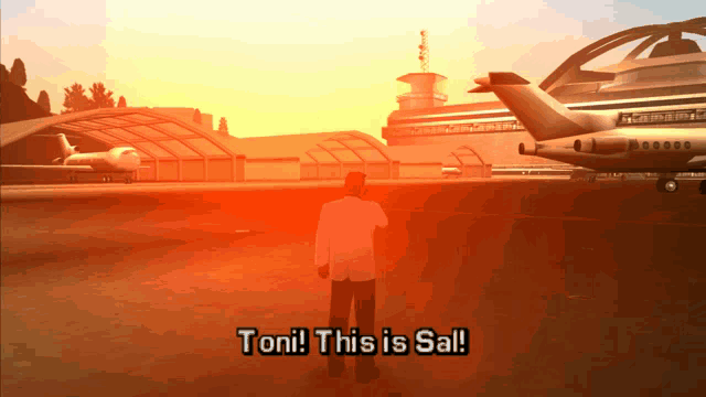 a video game screen shows a man standing in front of an airport and says toni this is sal