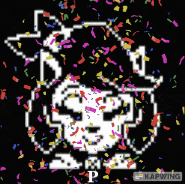a pixel art of a person surrounded by confetti with the letter d below it