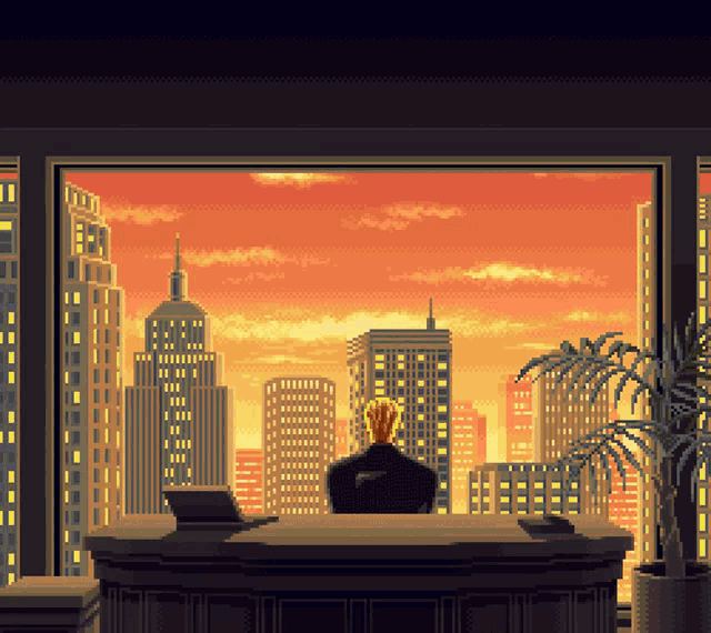 a pixel art of a man sitting at a desk looking out a window at a city