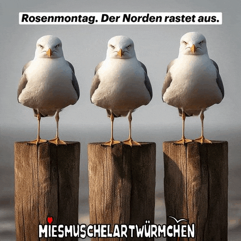 three seagulls standing next to each other on wooden posts